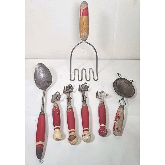 Vintage Set Of 7 Retro Red Handled Wooden Stainless Steel Kitchen Tools - Picture 1 of 6